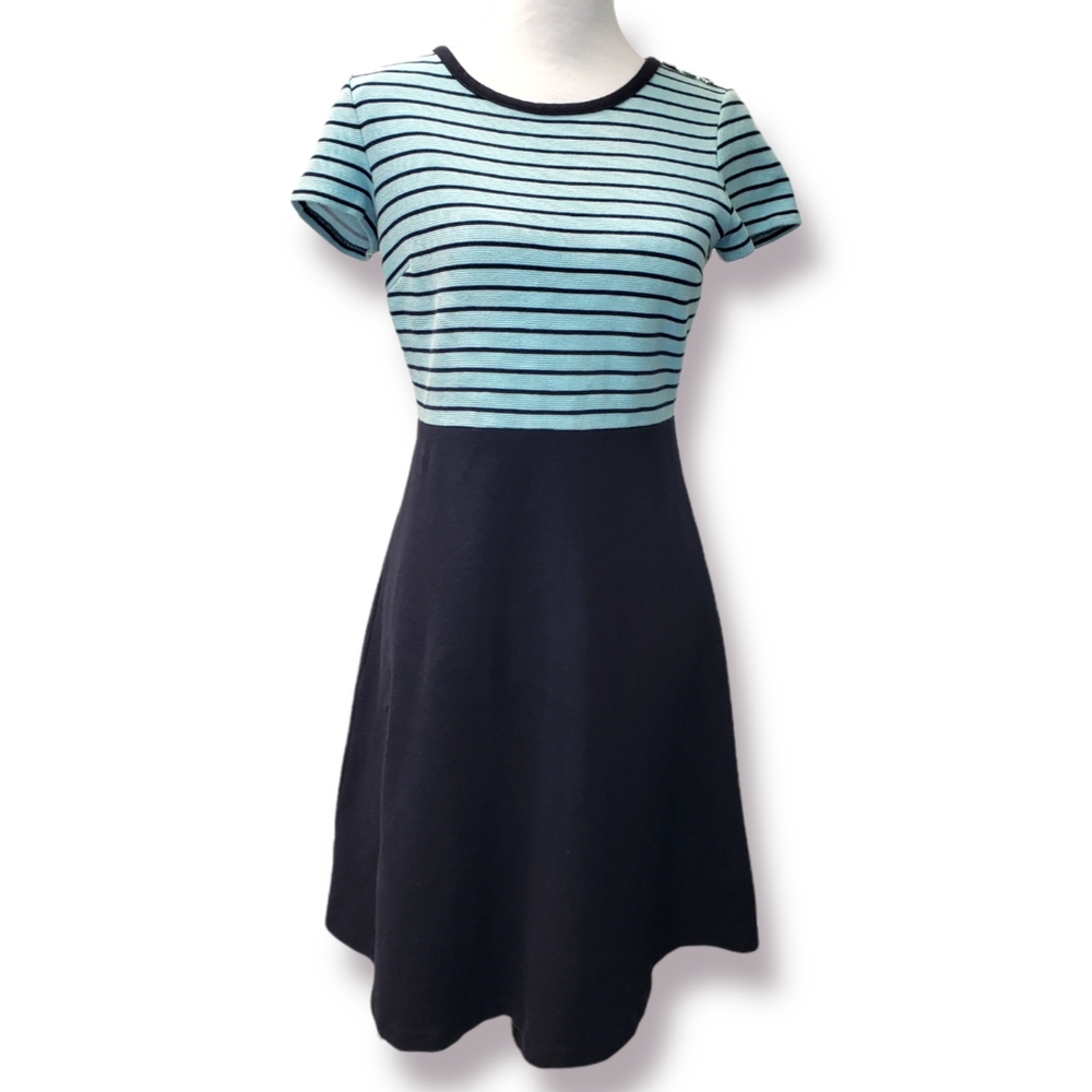 Talbots A-Line Dress Ribbed Knit Navy & Aqua Petite Small